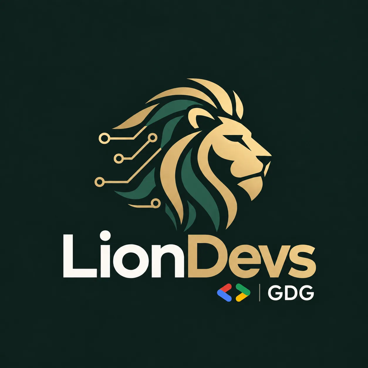 LionDevs logo: a gold and green lion head with circuit lines
